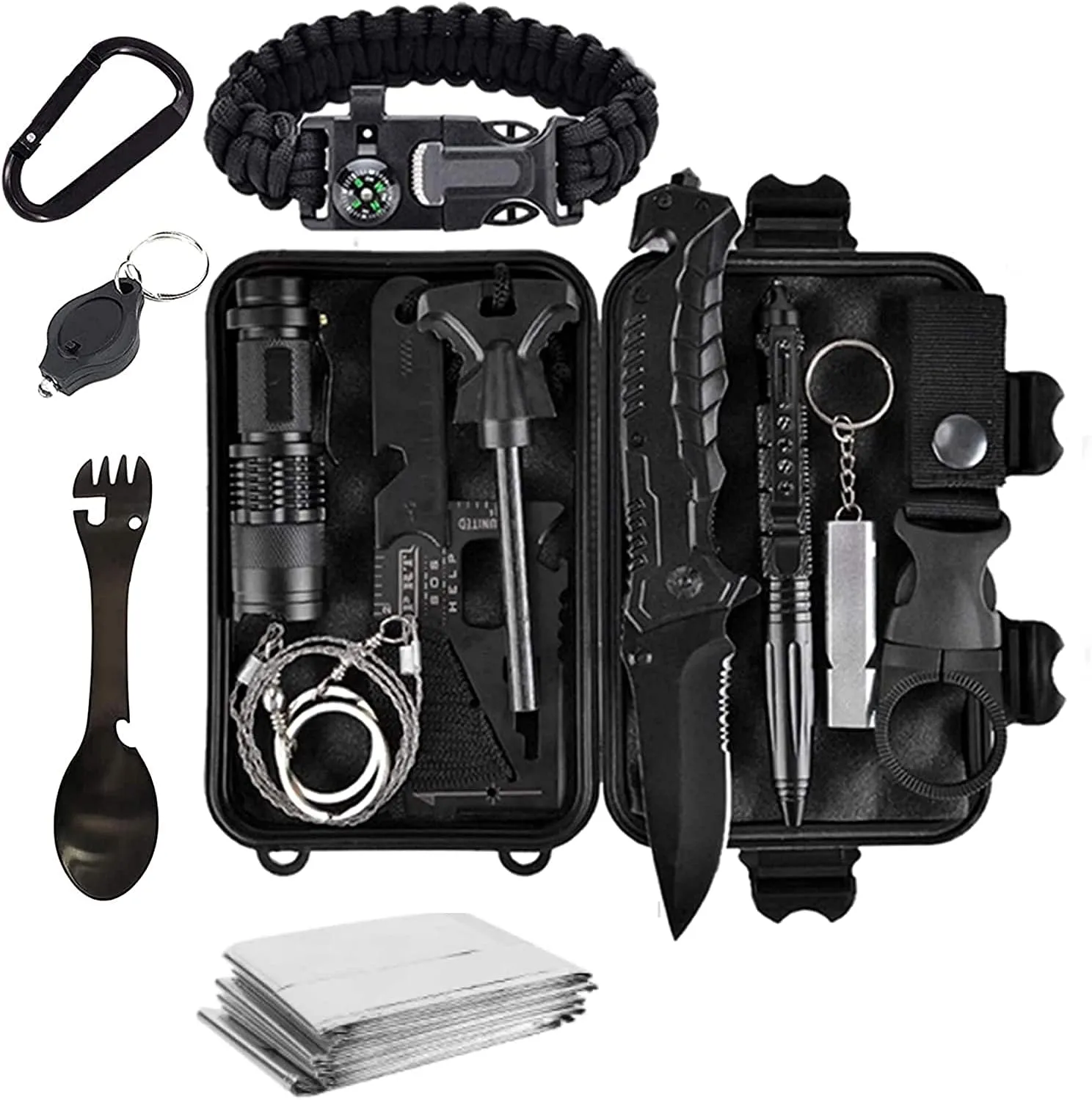 Bild von Tradista Survival Kit 15 in 1 für Outdoor Abenteuer mit Messer und taktischer Taschenlampe in Schwarz