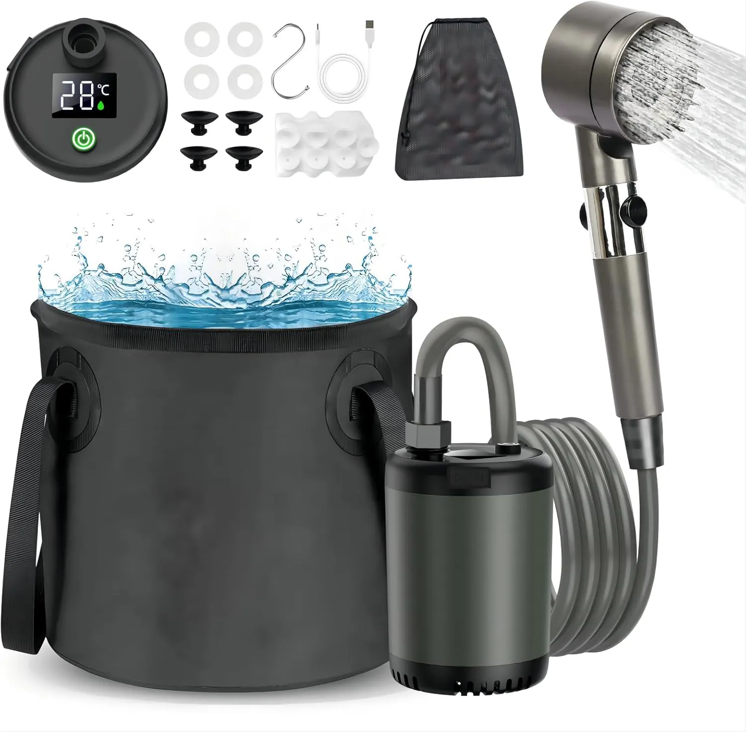Bild von Tragbare Campingdusche mit 10000 mAh Akku und Temperaturanzeige, inklusive Duschkopf und Schlauch für Outdoor-Aktivitäten