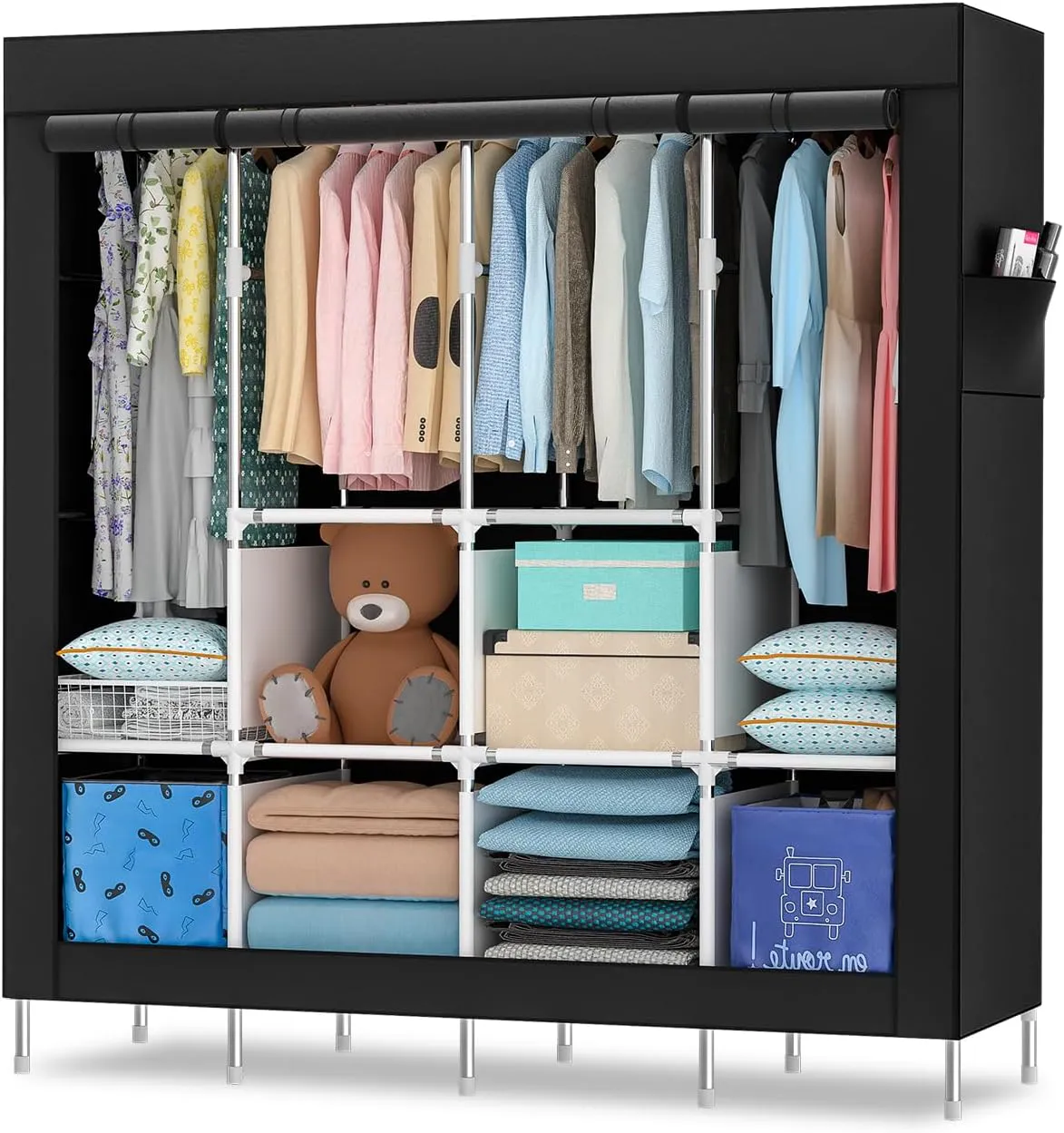 Bild von Tragbarer Kleiderschrank aus Metall mit Oxford-Stoffbezug, 170 cm hoch und 165 x 45 cm groß, in Schwarz