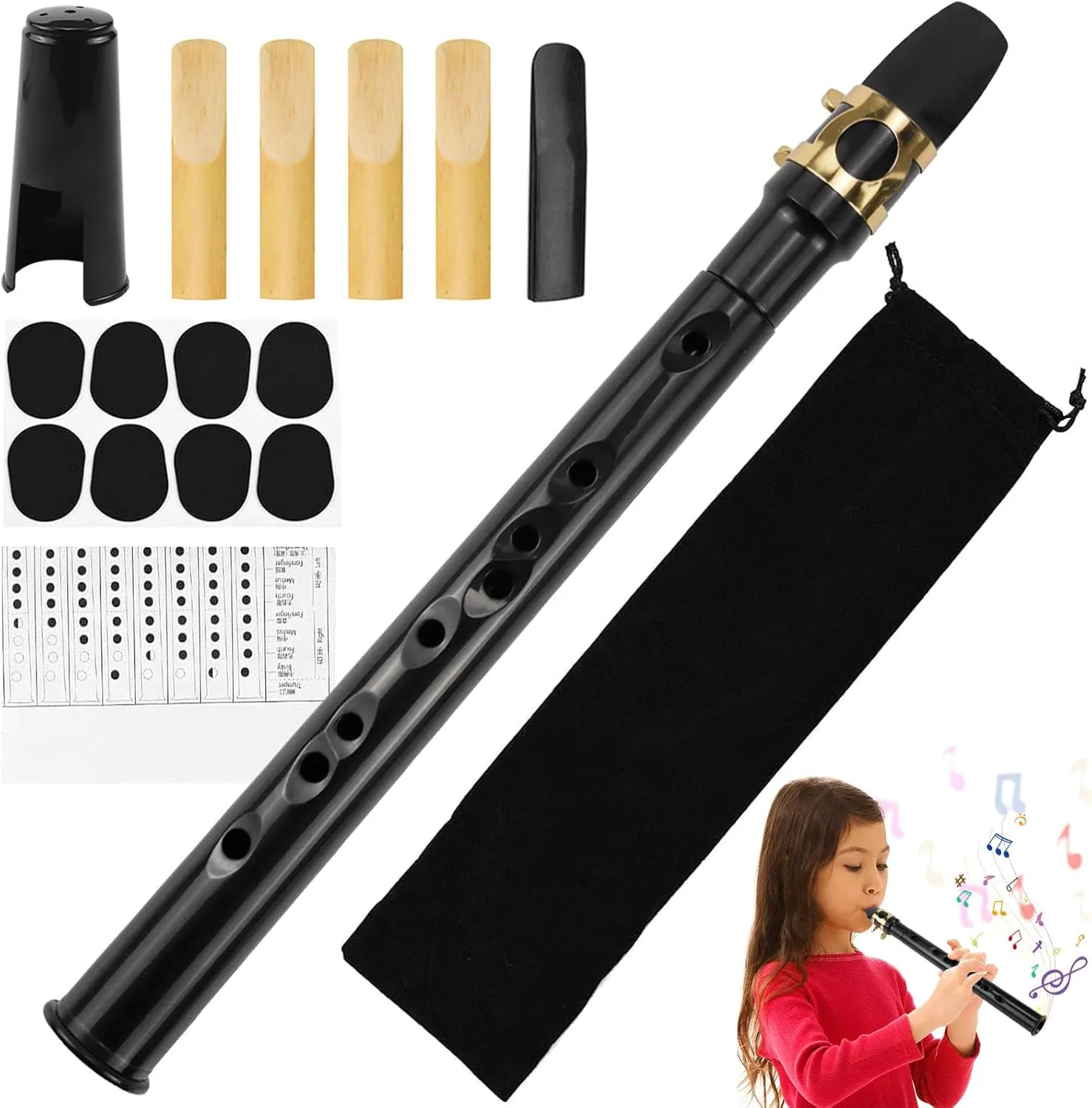 Bild von Tragbares Mini Saxophon Set in Schwarz mit Blättern, Mundstück, Tragetasche und Grifftabelle für Anfänger und Kinder