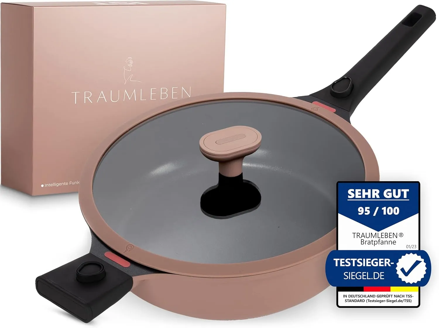 Bild von TRAUMLEBEN Bratpfanne 28 cm mit Deckel, abnehmbaren Griffen und Hitzeindikatoren, PFOA-frei und induktionsgeeignet