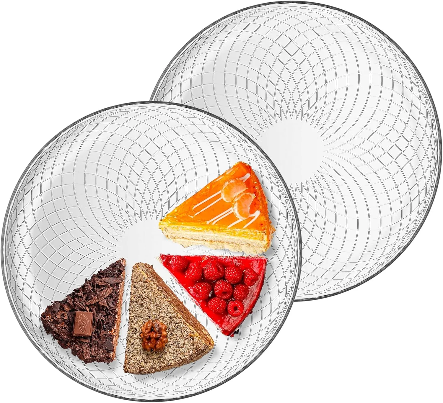 Bild von TREND FOR HOME Elina Geschirrset mit 2 Tortenplatten und Pizzatellern, halbtransparent mit geometrischen Mustern, Durchmesser 30 cm