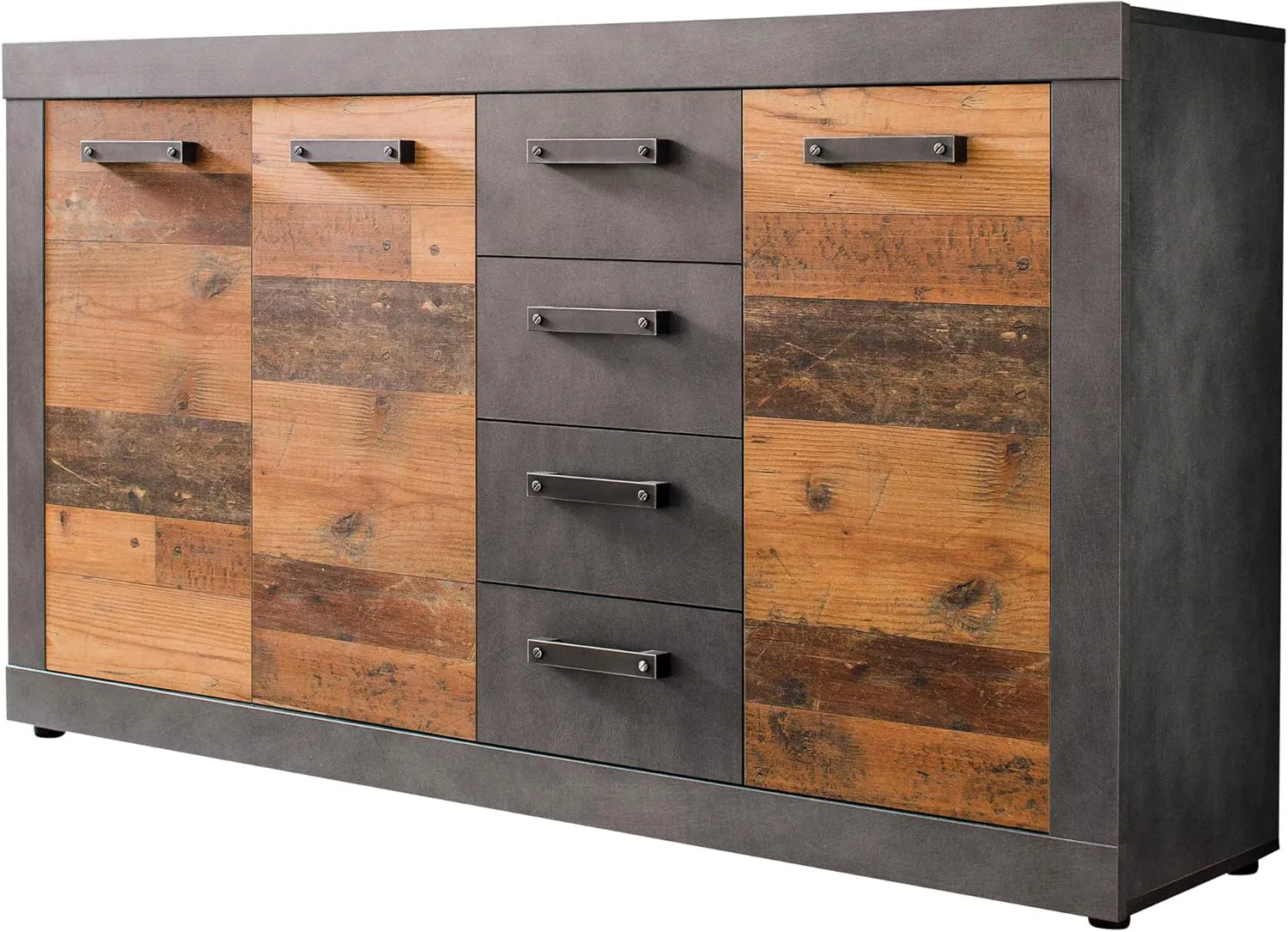 Bild von trendteam Indy Kommode in Alteiche und Grau Matt mit rustikaler Optik, 151 x 86 x 37 cm, 4 Schubladen, 3 Türen und antikfarbenen Griffen