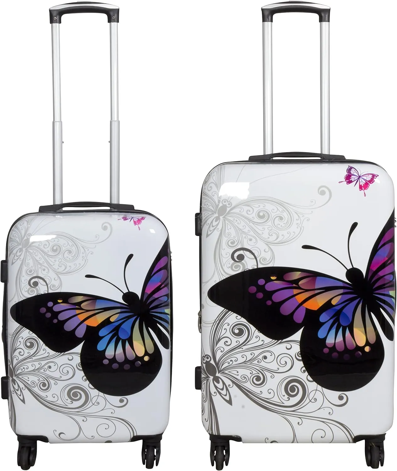 Bild von Trendyshop365 2-teiliges Polycarbonat Kofferset mit Schmetterlingsdesign in Weiß, bestehend aus einem Citykoffer und Handgepäck
