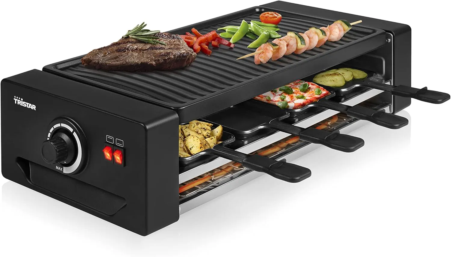 Bild von Tristar RA-2736 Raclette und Pizzagerät für 8 Personen mit einstellbarem Thermostat und doppeltem Heizelement in Schwarz