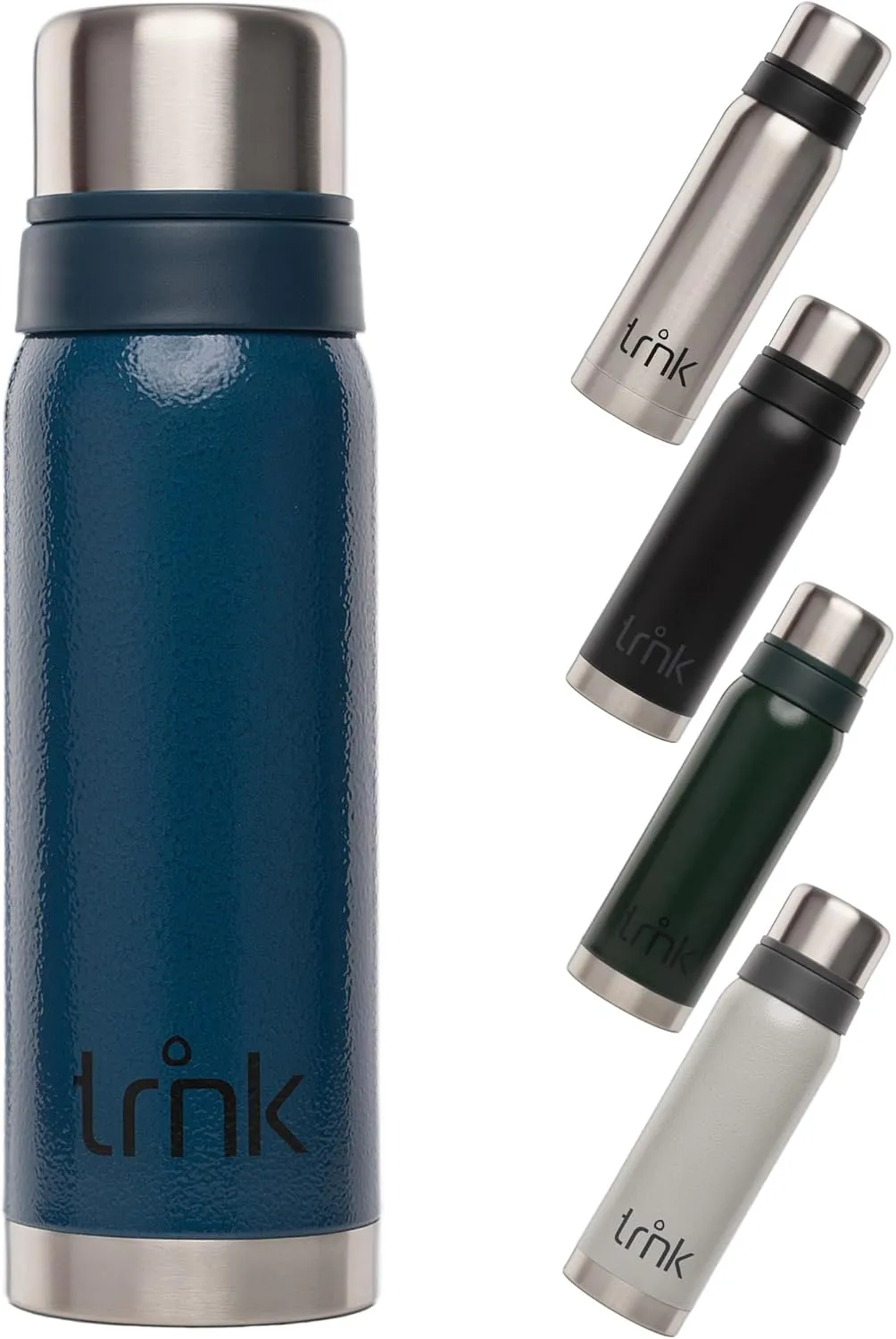 Bild von trnk Outdoor Thermosflasche polar 750 ml aus Edelstahl in bergblau mit BPA-freiem Deckel und zwei Trinkbechern, hält 24 Stunden heiß und ist spülmaschinenfest