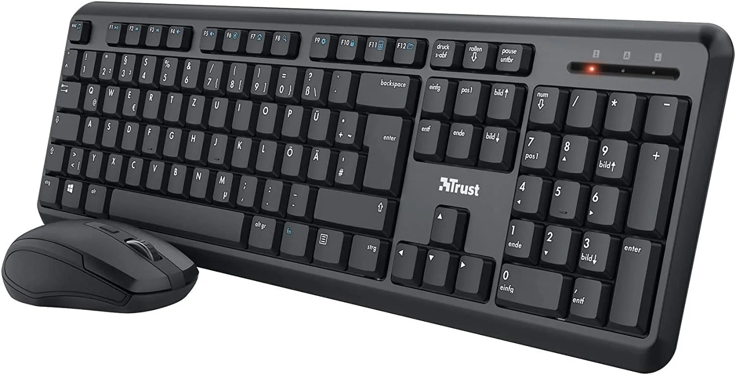 Bild von Trust Ymo kabelloses Tastatur und Maus Set mit deutschem QWERTZ Layout, leisen Tasten, spritzwassergeschützt, USB-Empfänger für PC und Laptop in Schwarz