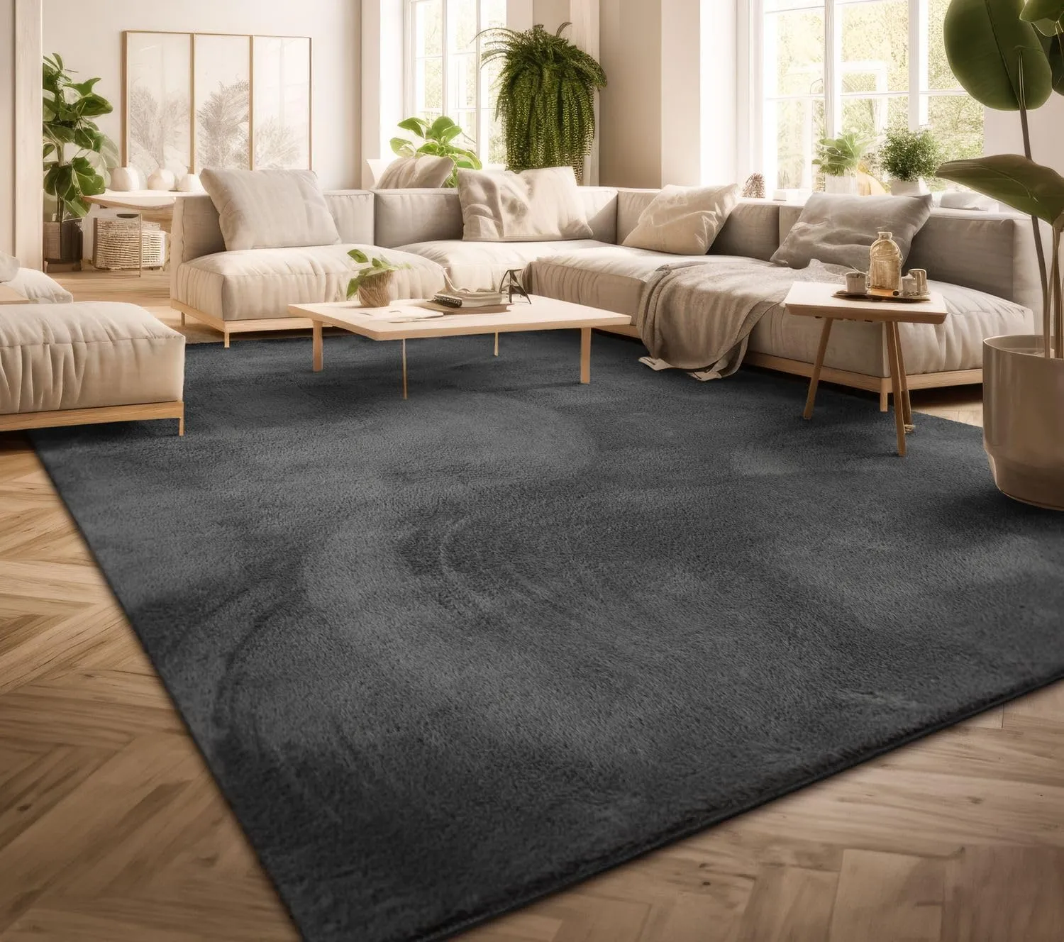 Bild von TT Home Kurzflor Teppich in Anthrazit 160x220 cm mit Anti-Rutsch Rückseite und waschbarem Design