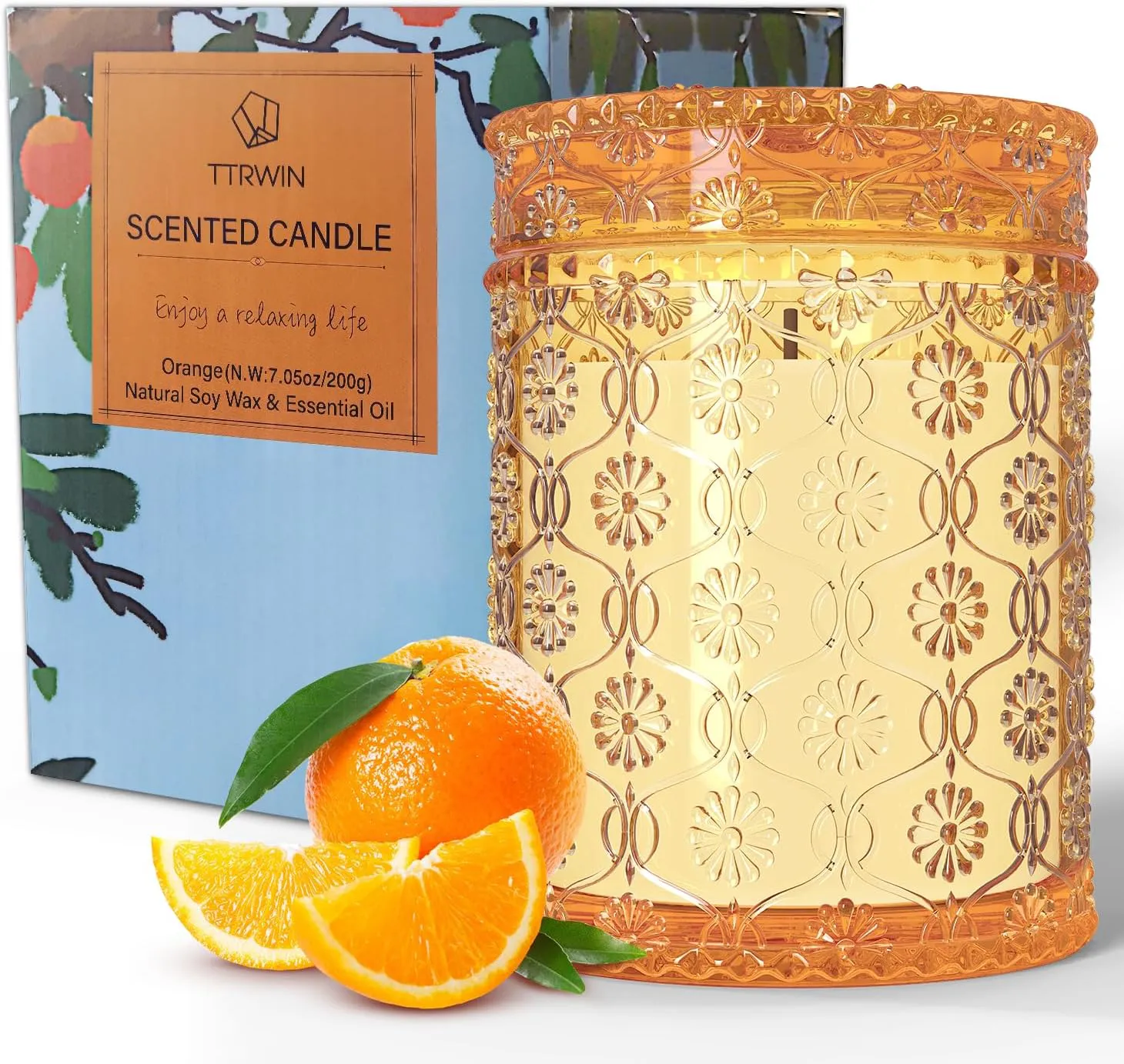Bild von TTRWIN Duftkerze aus natürlichem Sojawachs mit Orangenduft, 200 g, 50 Stunden Brenndauer, ideal als Geschenk oder Dekoration für verschiedene Anlässe