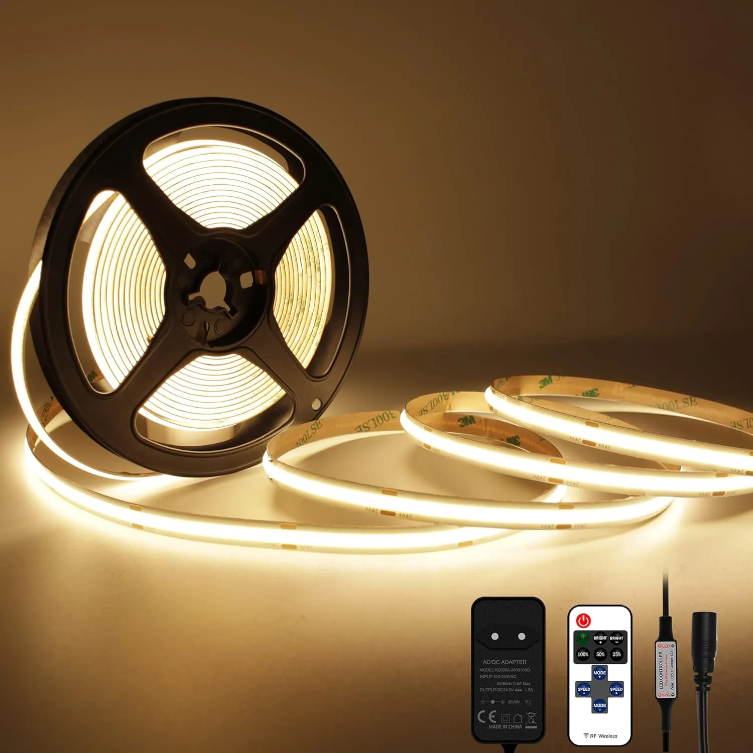 Bild von TTWAY 5 Meter COB LED Streifen in Warmweiß mit dimmbarer Funktion und Fernbedienung, 480 LEDs pro Meter, inklusive GS Netzteil