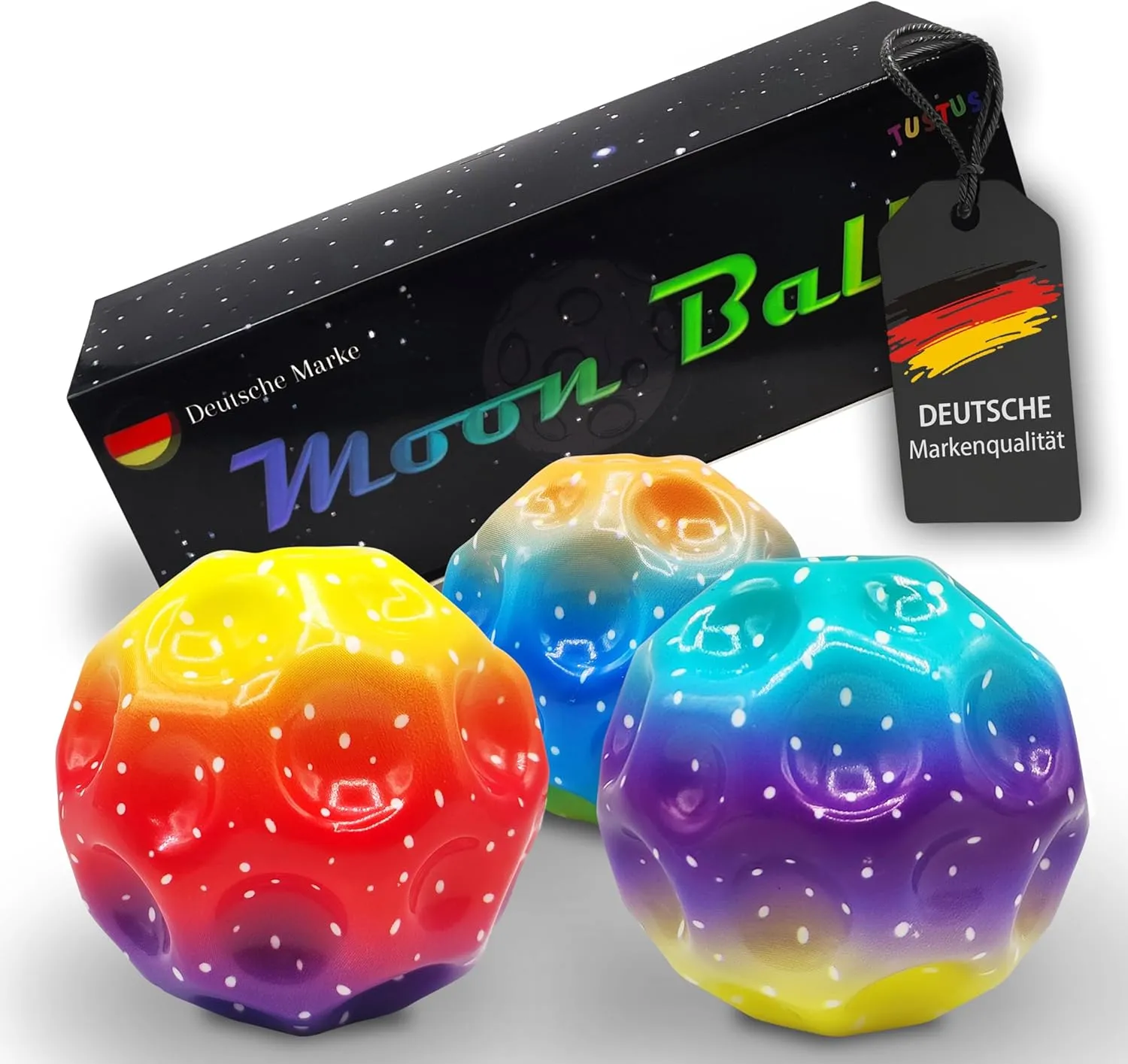Bild von TUSTUS Moon Ball Set mit 3 hoch springenden Gummibällen im Galaxy Design, Durchmesser 70 mm, ideal für Kinder und interaktive Spiele