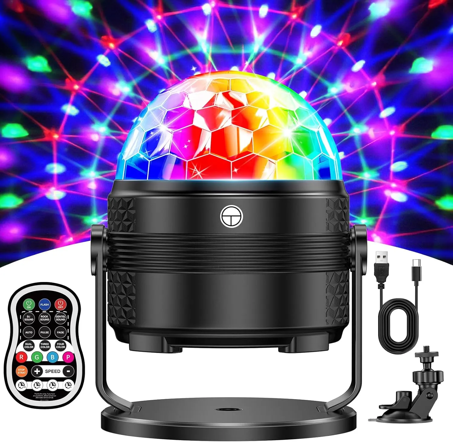 Bild von Tyonto RGBP Discokugel mit 15 Farben, Musiksteuerung, Timer-Funktion und 360 Grad Drehung, inklusive 4 Meter USB-Kabel für Partys und DJ-Einsätze