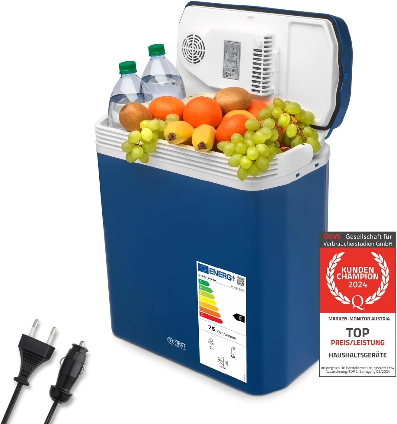 Bild von TZS First Austria elektrische Kühlbox mit 24 Litern, 12 Volt und 230 Volt, ideal für Camping und Reisen, blau