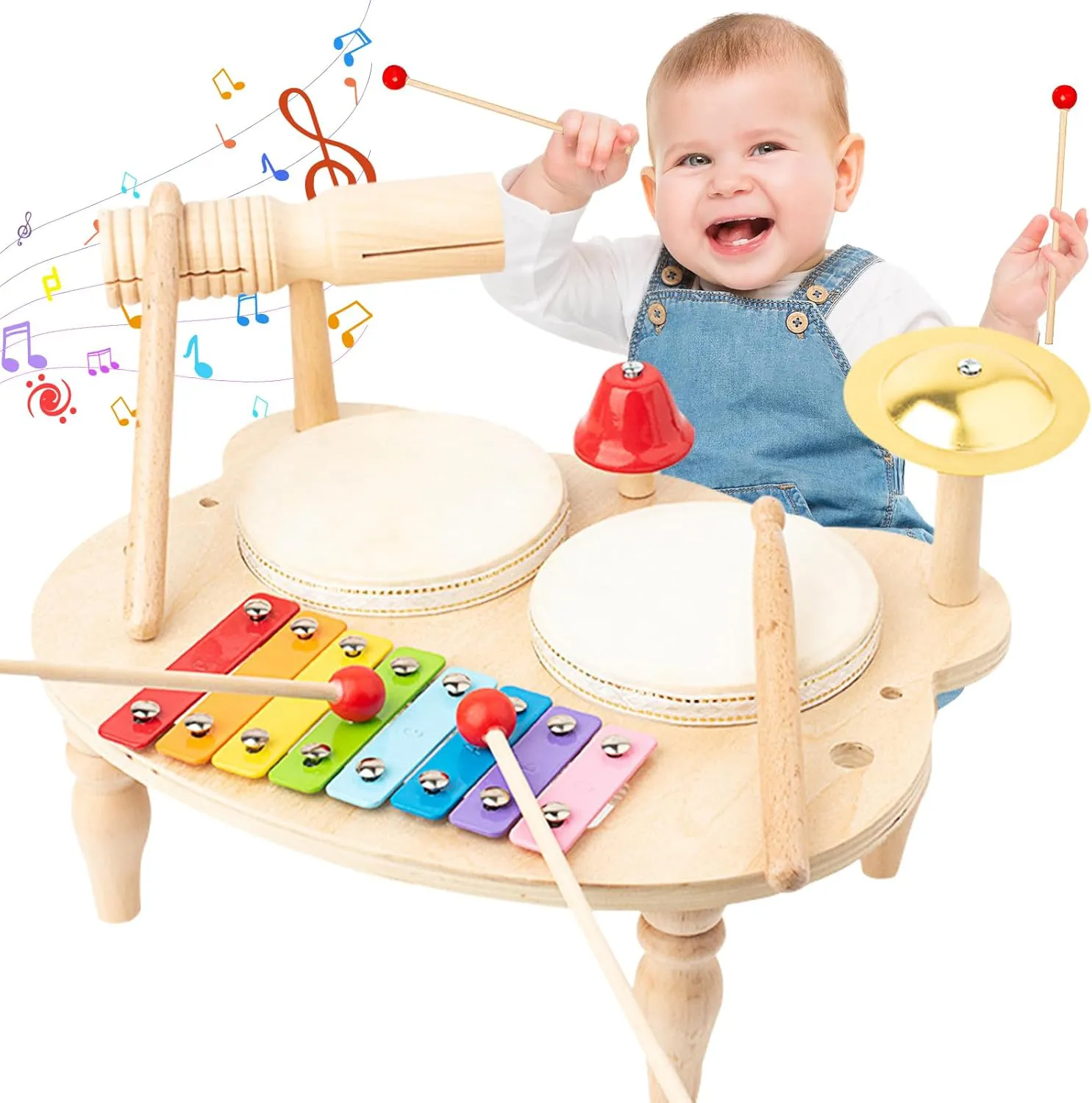 Bild von UCAMP 10-in-1 Schlagzeugset für Kinder ab 1 Jahr mit Xylophon und Holzspielzeug, ideal als Geschenk für Jungen und Mädchen