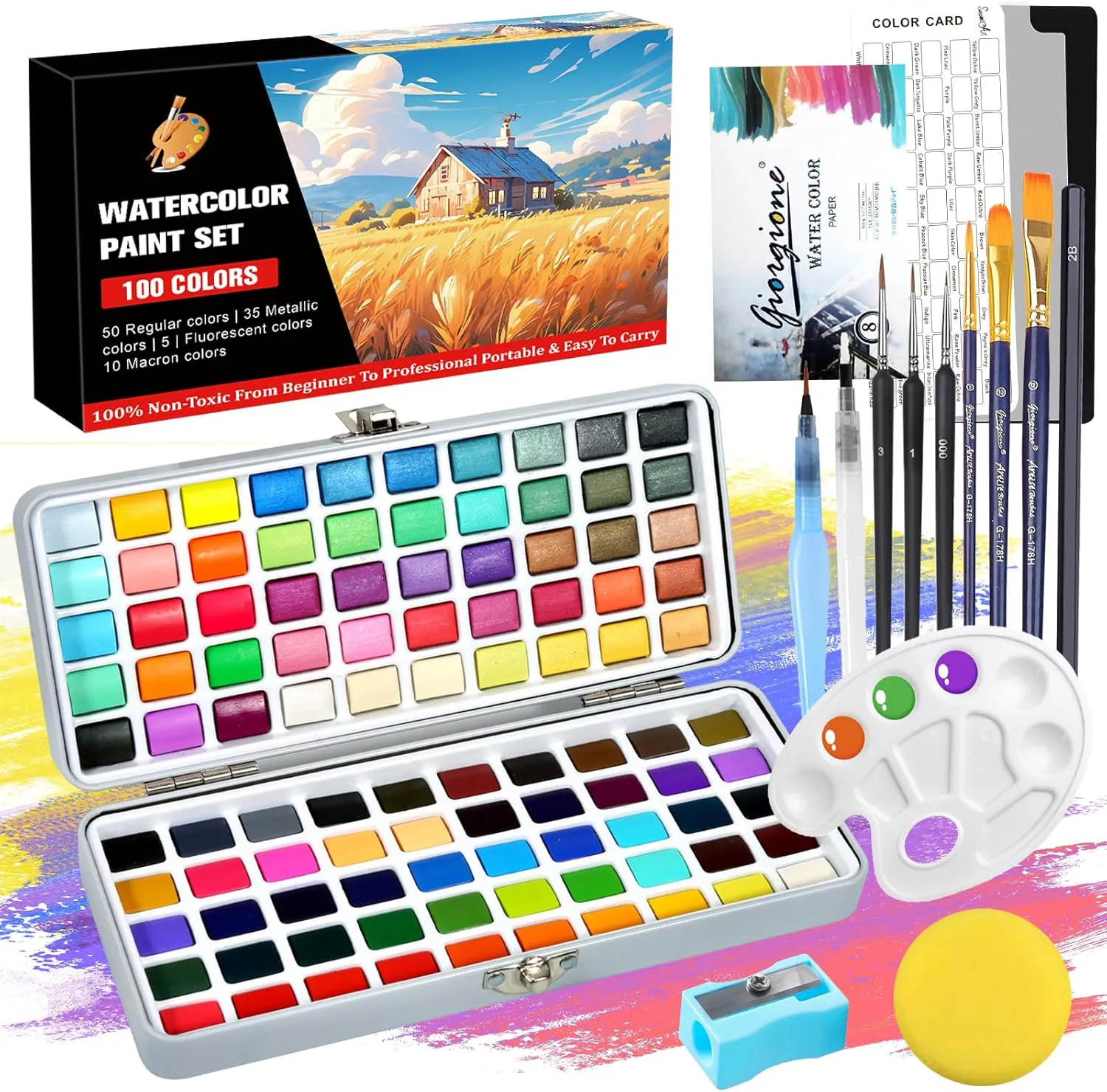 Bild von UCAMP Aquarellfarben Set mit 100 Farben in tragbarer Box, inklusive Pinsel und Aquarellpapier