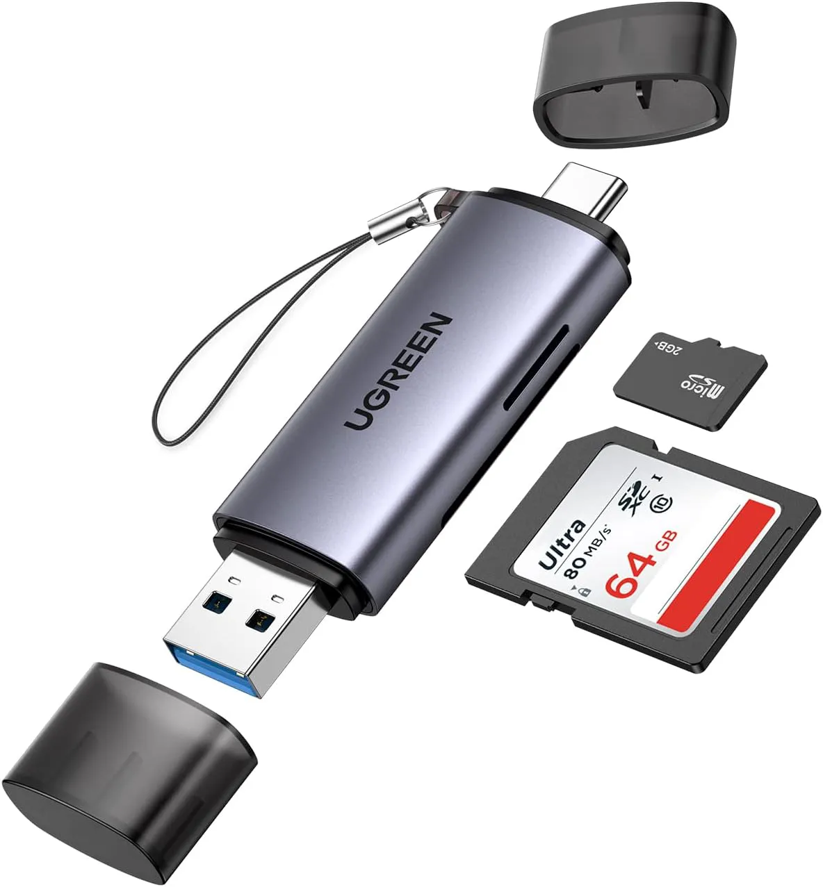 Bild von UGREEN SD Kartenleser mit USB 3.0 und USB C, kompatibel mit iPhone 16, Android, Windows und macOS, Farbe Grau