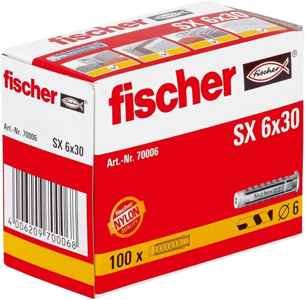 Bild von Unbekannt Spreizdübel SX 6 x 30 in einer Schachtel mit 100 Nylondübeln für sicheren Halt in verschiedenen Baustellenmaterialien