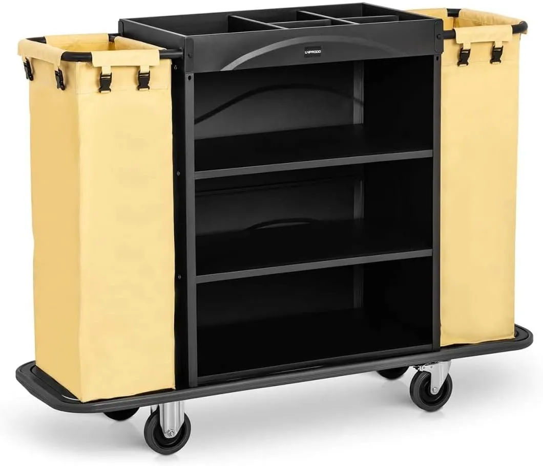 Bild von Uniprodo UNICLEAN 142B Servicewagen für Hotels mit einer Belastbarkeit von 150 kg, zwei Wäschebeuteln und TPR-Rädern