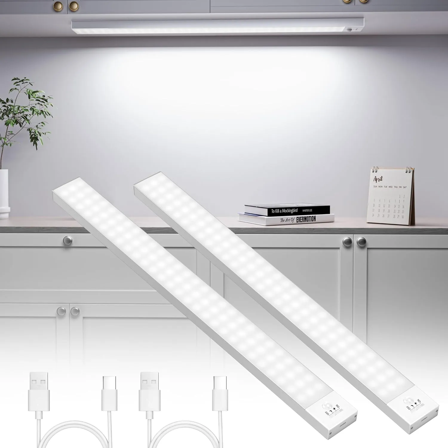 Bild von Unterbauleuchte Küche LED Set mit 2 Leuchten, 43,5 cm, 84 LEDs, USB wiederaufladbar und Bewegungsmelder, geeignet für Schlafzimmer, Babyzimmer, Werkstatt und Keller