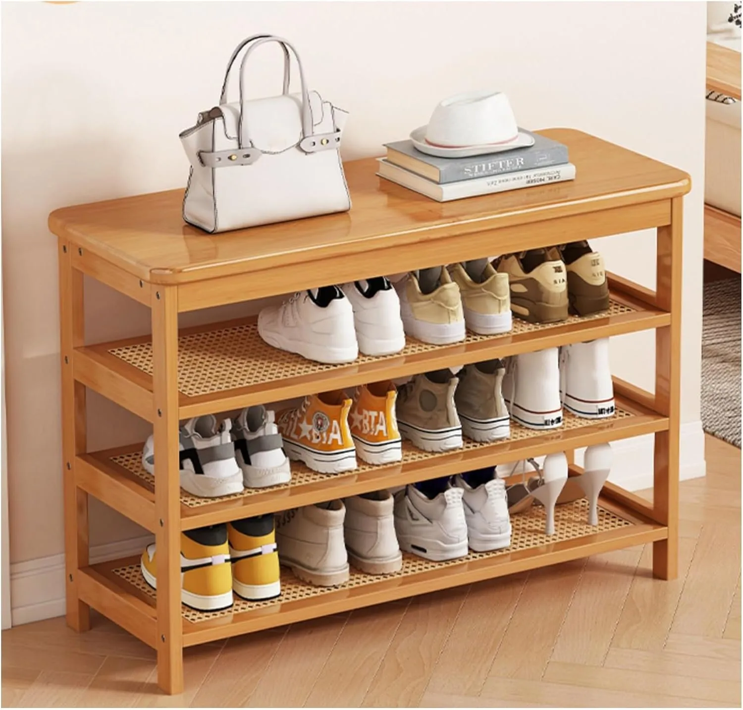 Bild von uqlpxz Schuhschrank in Natur mit 3 Stufen, geeignet für Eingangsbereich und Flur, Maße 85 x 32 x 62 cm