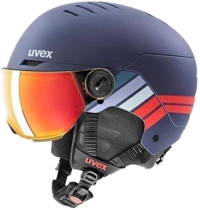 Bild von uvex rocket jr visor - robuster Skihelm für Kinder - mit Visier - optimierte Belüftung - navy - red stripes matt - 51-55 cm