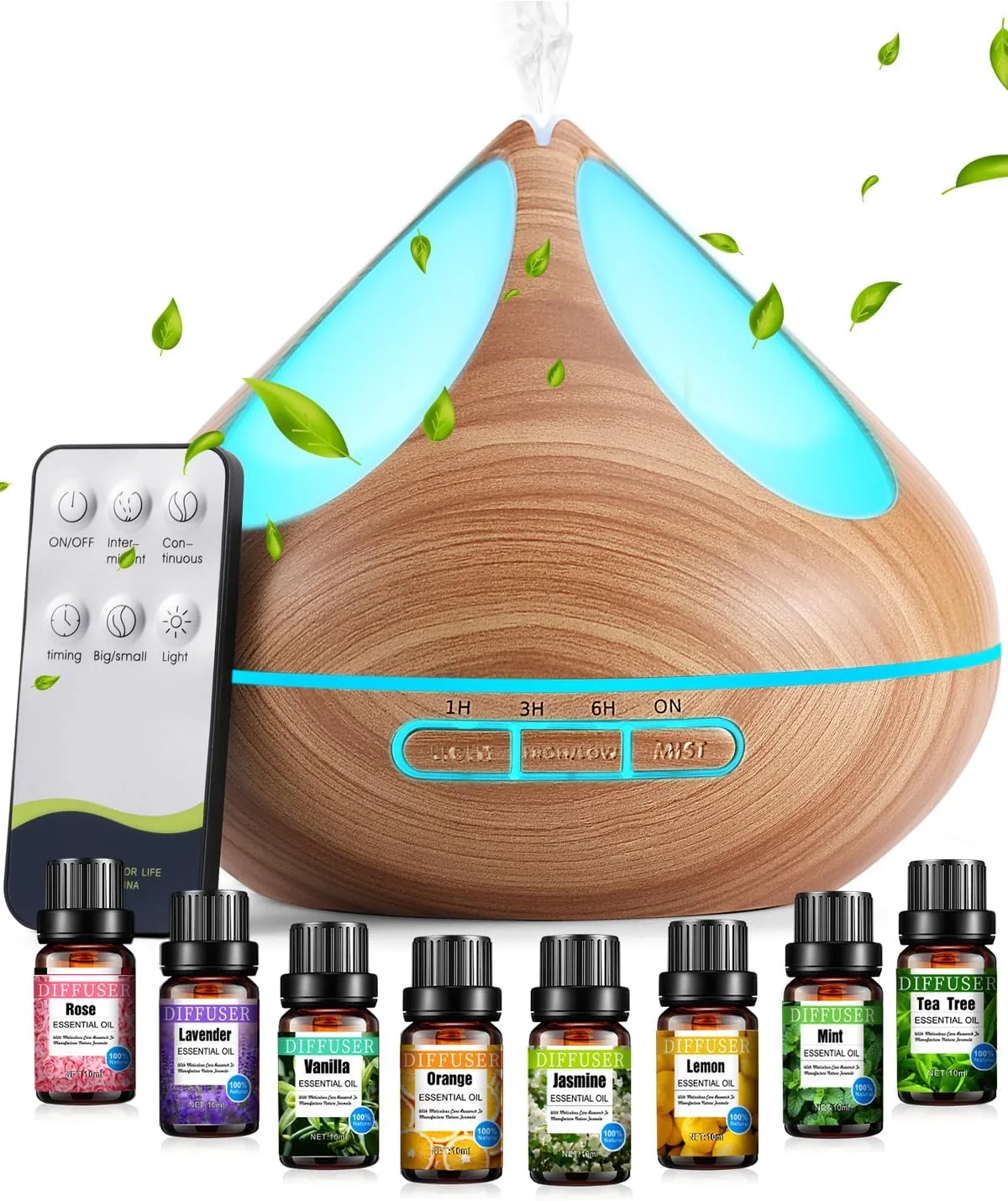 Bild von VAAGHANM Aroma Diffuser mit 500 ml Kapazität und 8 ätherischen Ölen, inklusive Fernbedienung und 4 Timern, in Braun