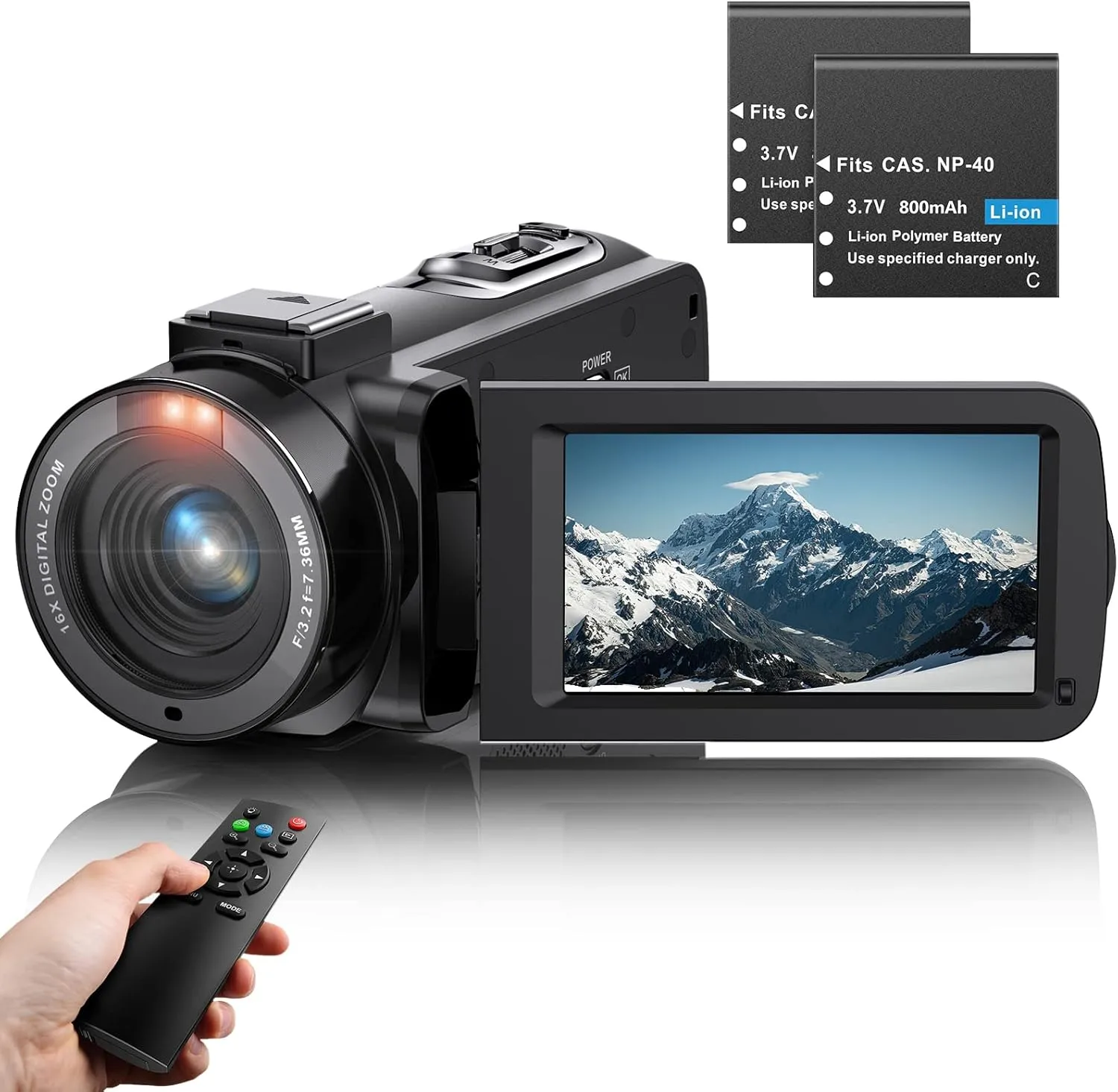 Bild von VAHOIALD FHD Videokamera mit 36 MP, 30 FPS, drehbarem 3 Zoll IPS Bildschirm, 16-fachem Digitalzoom und Nachtsicht, inklusive Fernbedienung und zwei Batterien