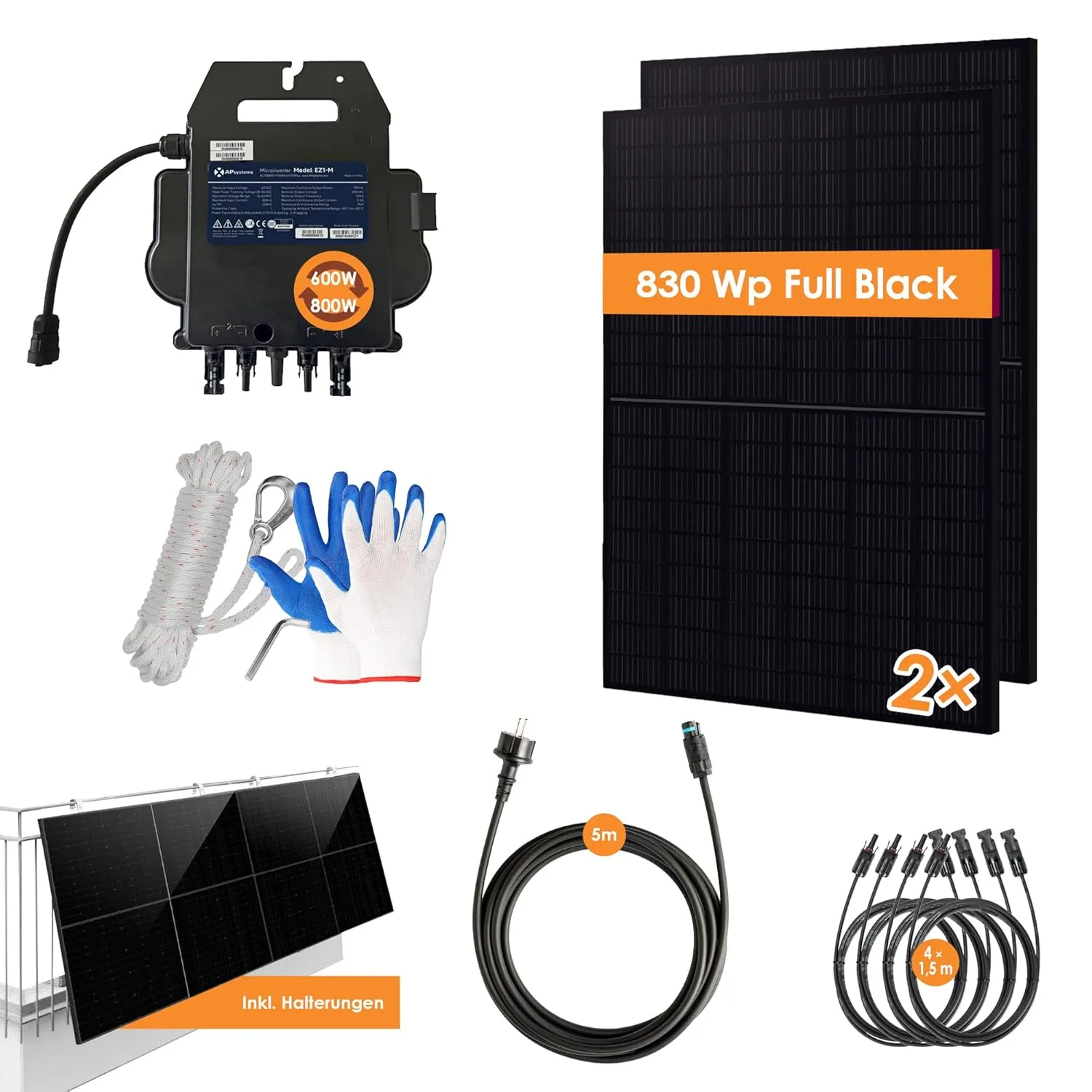 Bild von VALE Balkonkraftwerk mit 830Wp und 800 Watt Wechselrichter inklusive 5m AC-Kabel und Halterung