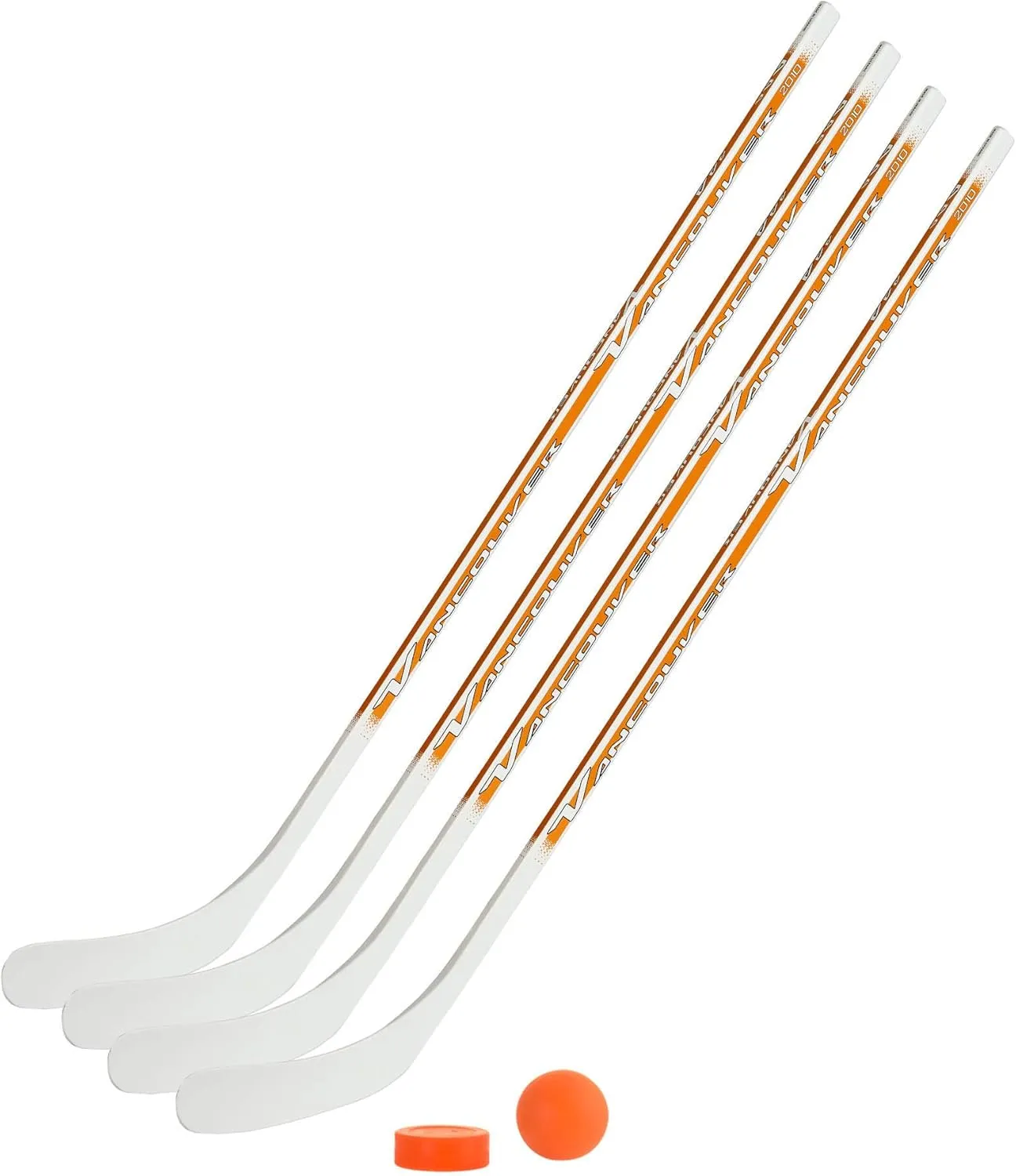 Bild von Vancouver Streethockeyschläger-Set für Kinder mit 4 Schlägern 115 cm, gerader Kelle, Ball und Puck in Orange