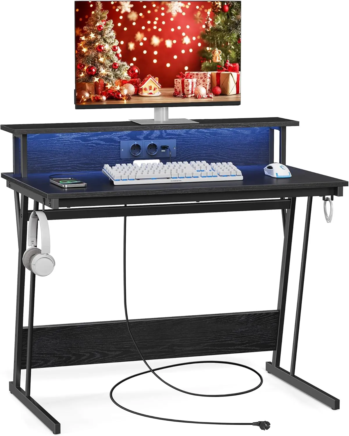 Bild von VASAGLE Gaming Tisch mit Steckdosenleiste und Monitorständer für 2 Monitore, 60 x 100 x 76 cm, ebenholzschwarz, Artikelnummer LWD191B56