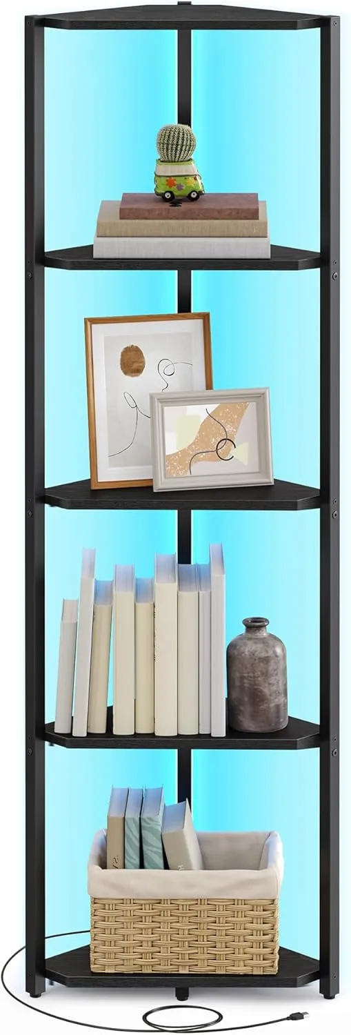 Bild von VASAGLE LBC590B02 Eckregal mit 5 Ebenen und einstellbarer LED-Beleuchtung, aus Stahl, 24,8 x 48 x 146,6 cm, in ebenholzschwarz