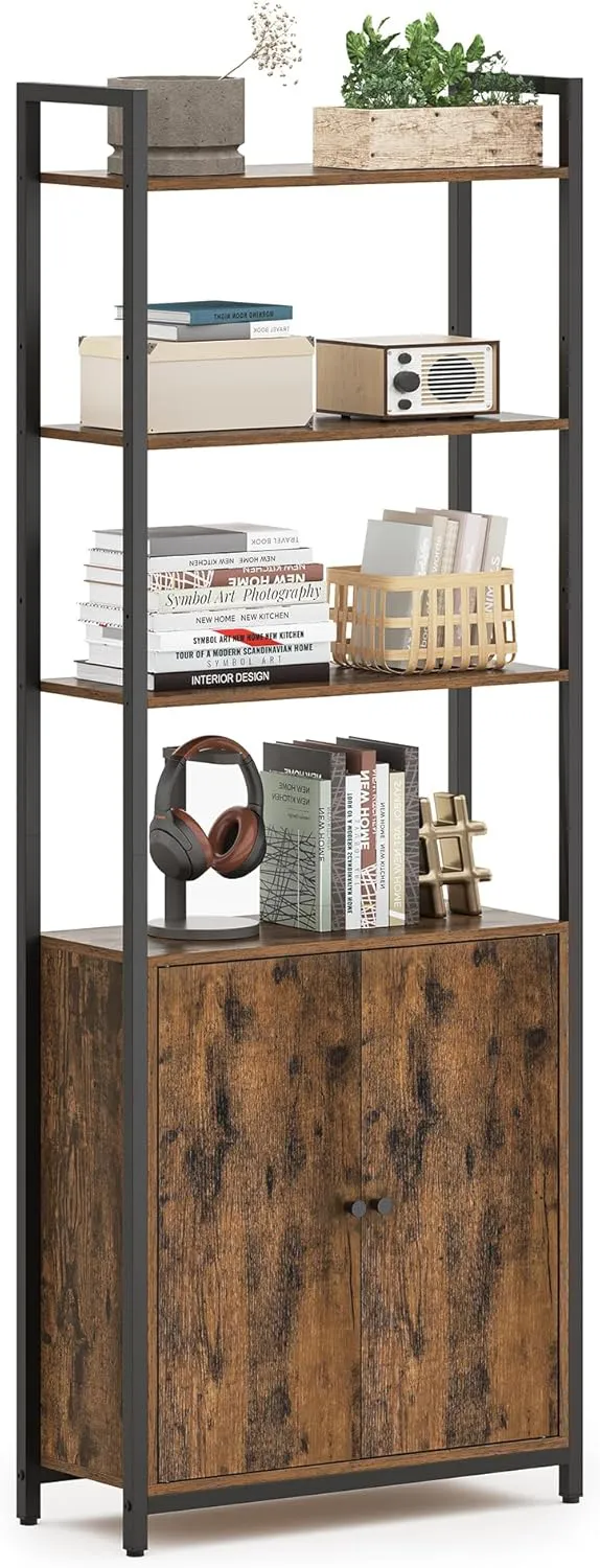Bild von VASAGLE LLS133K01 Bücherregal mit 6 Ebenen und Türen, verstellbaren Ablagen und Metallrahmen in vintagebraun und tintenschwarz, Maße 24 x 60 x 159,5 cm