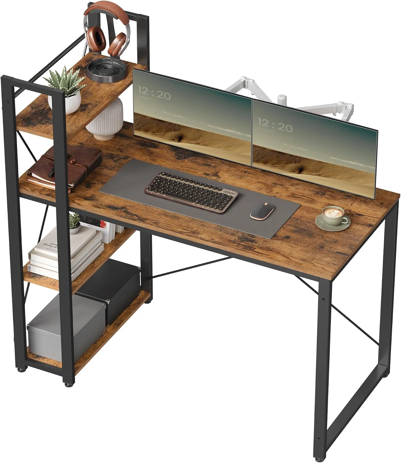Bild von VASAGLE LWD48X Schreibtisch mit Regalböden, 120 cm breit, vintagebraun-schwarz, einfacher Aufbau für Homeoffice und Arbeitszimmer