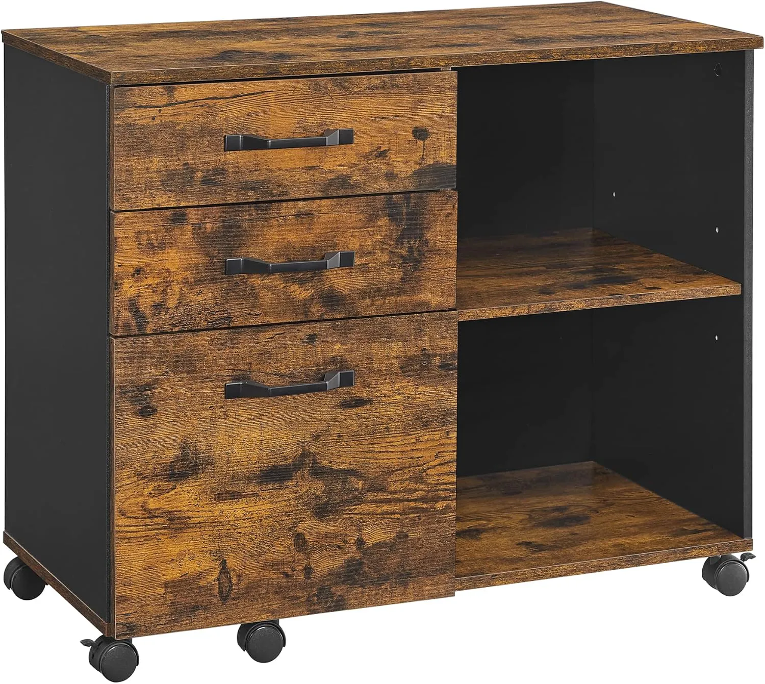 Bild von VASAGLE Rollcontainer OFC041B01 mit 3 Schubladen, offenen Fächern und Rollen im Industrie-Design in vintagebraun-schwarz