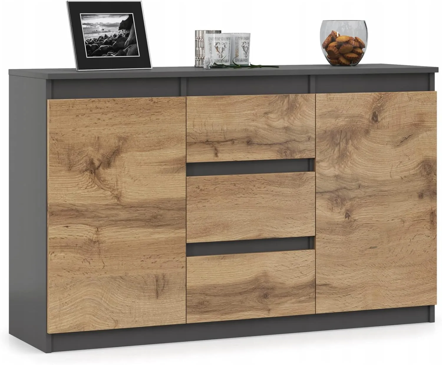Bild von VBChome Kommode in Graphitfarbe mit 3 Schubladen und 2 Türen, Maße 120 x 35 x 75 cm, ideal für Flur, Schlafzimmer, Wohnzimmer und Kinderzimmer