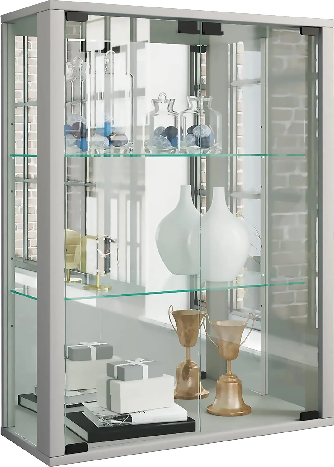 Bild von VCM Wandvitrine Udina mit Glas und Spiegel in Silber