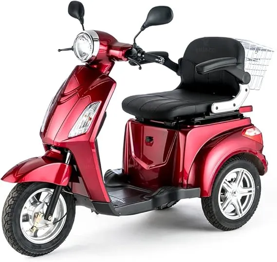 Bild von VELECO ZT15 Dreirad Mobilitätsroller in Rot, komplett montiert mit elektromagnetischer Bremse, digitalem Tachometer und geräumigem Stauraum