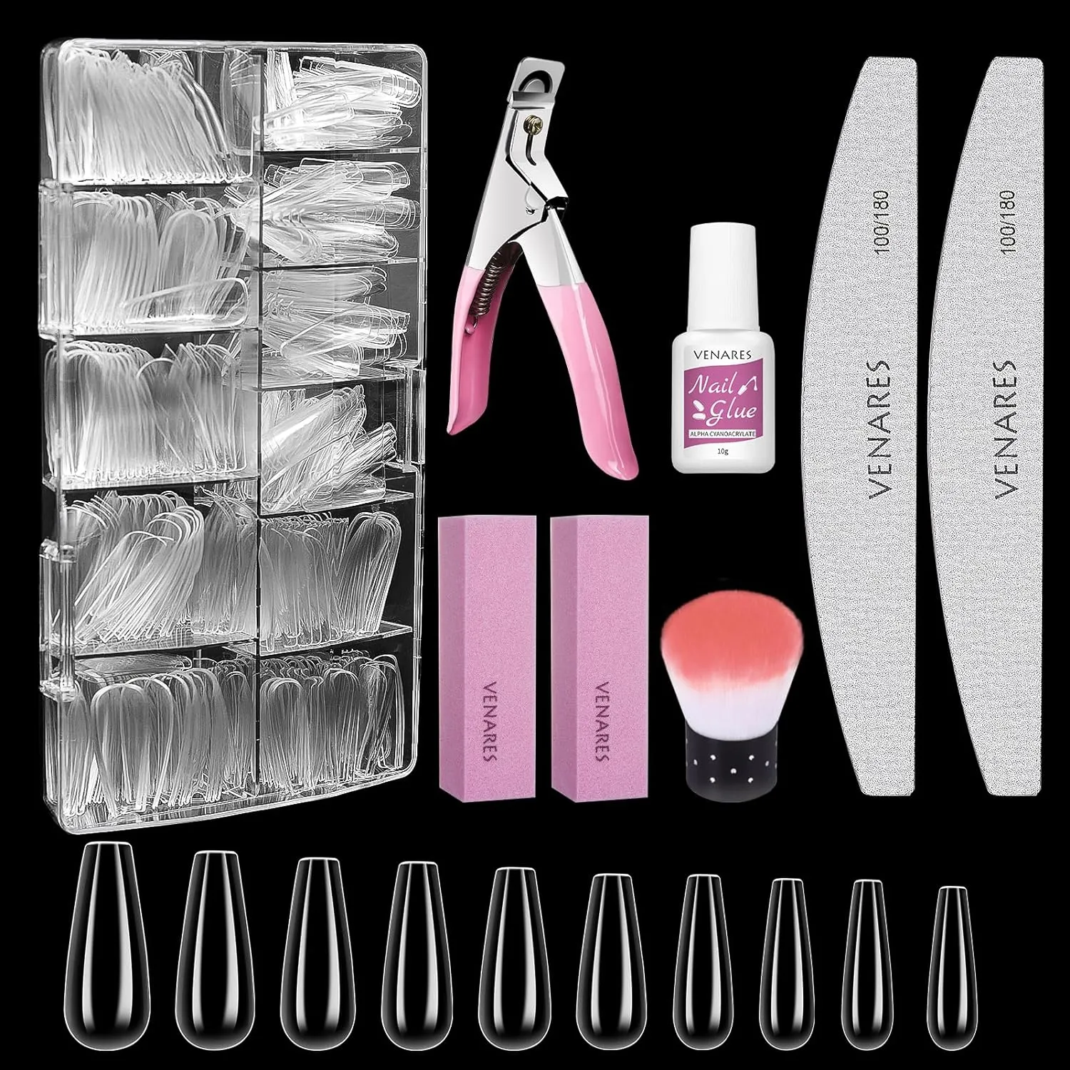 Bild von Venares 500 Stück Nagel Tips Set mit 10 Größen, inklusive Nagelkleber, Feilen, Nagelpuffer, Nagelbürste und Nagelknipser für Gelnägel