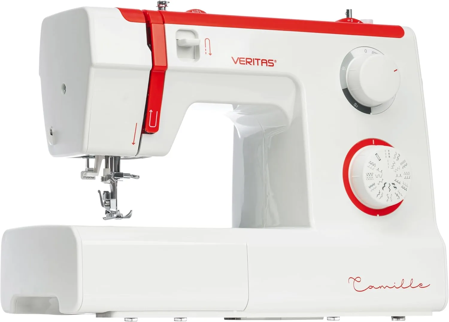 Bild von VERITAS Camille I Nähmaschine in Weiß-Rot mit 32 Stichprogrammen, Einfädelhilfe, einstellbarer Stichlänge und -breite, automatischer Fadenspannung, Fadenabschneider und LED-Nählicht