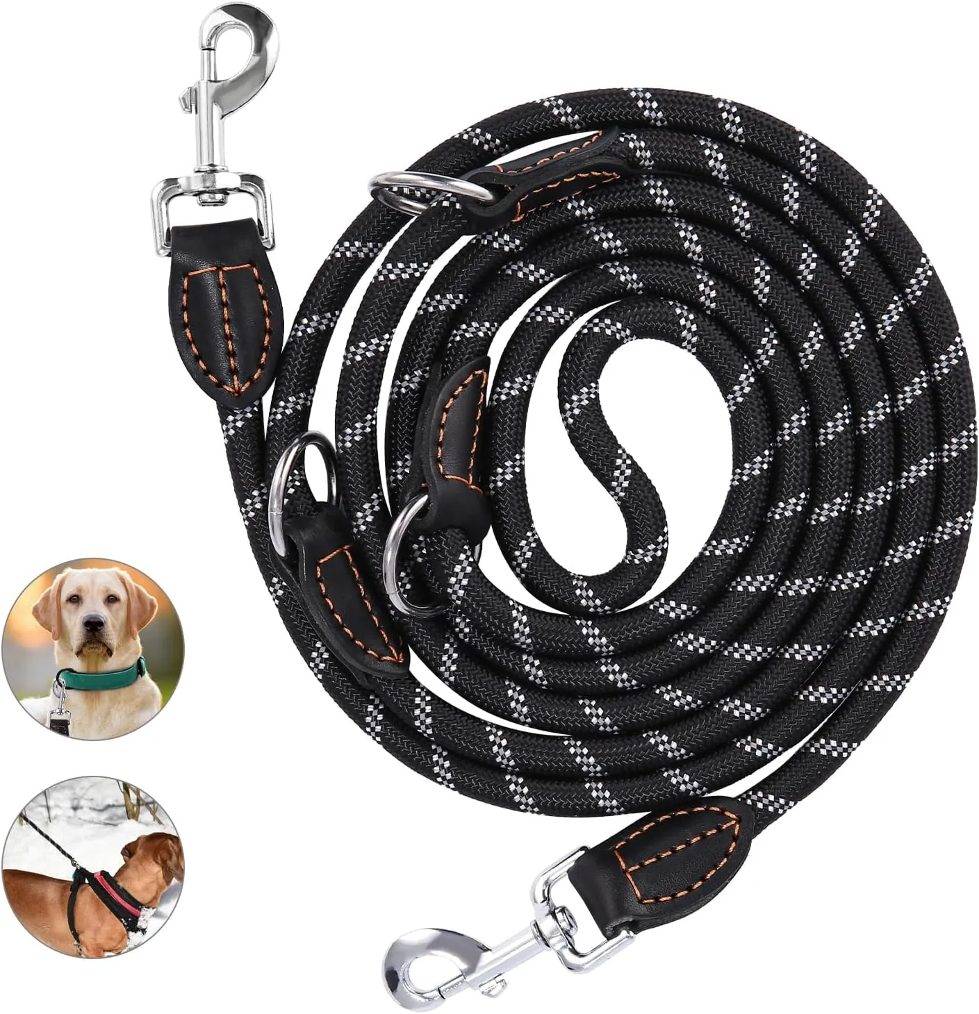 Bild von Verstellbare Hundeleine aus Nylon für große und mittelgroße Hunde mit 2 Karabinerhaken und 3 Ringen, 3 Meter lang, in Schwarz