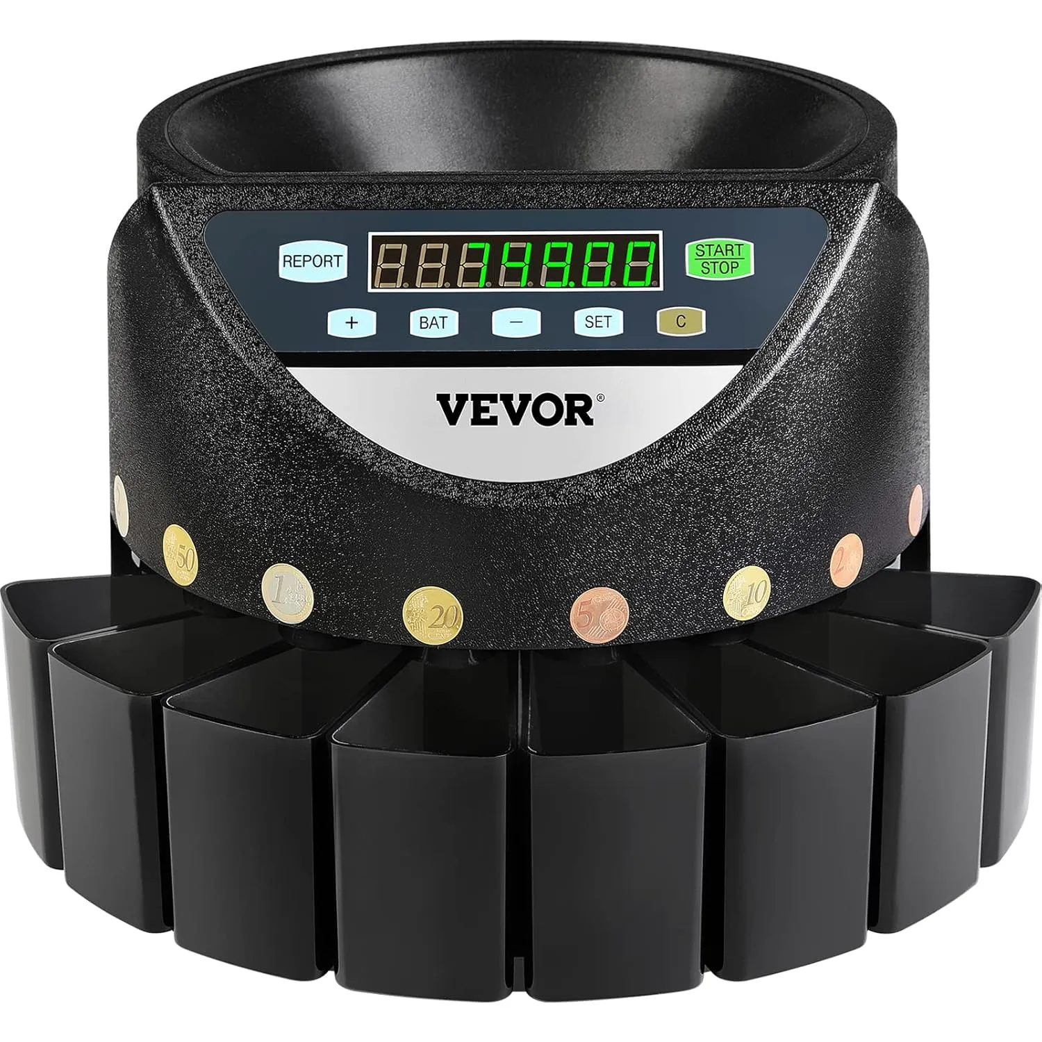 Bild von VEVOR Euro Münzzähler mit automatischer Zählfunktion für 500 bis 1000 Münzen, 300 Münzen pro Minute, 8 Münzschubladen, in Schwarz