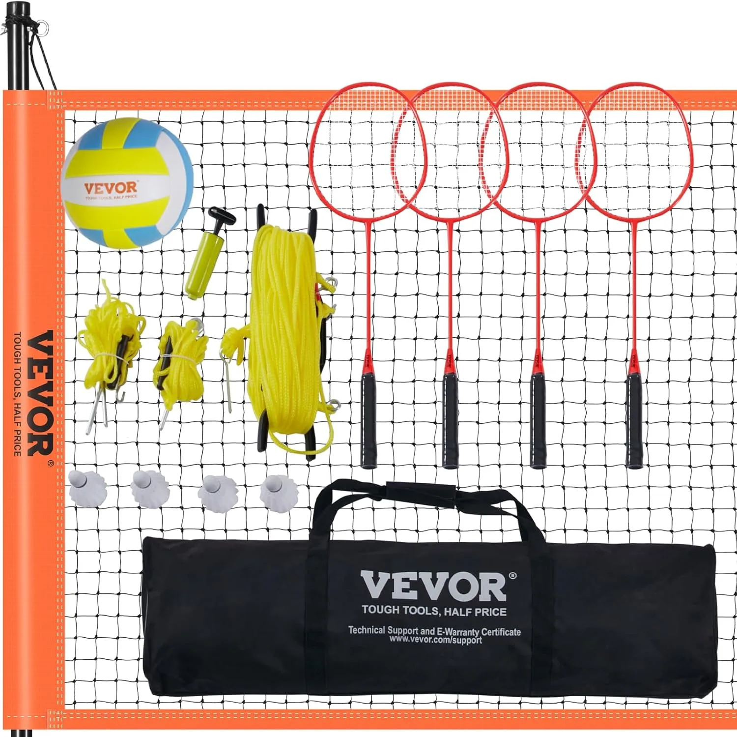 Bild von VEVOR höhenverstellbares Volleyballnetz mit den Maßen 91,44 x 970 cm, tragbar und faltbar, inklusive Volleyball, Badmintonschläger und Tragetasche