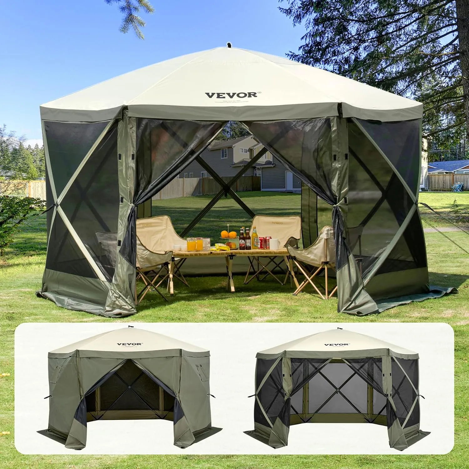 Bild von VEVOR Pop-Up Pavillonzelt 12 x 12 Fuß in Armeegrün mit 6 Seitenwänden, abnehmbaren Sichtschutz und Moskitonetz