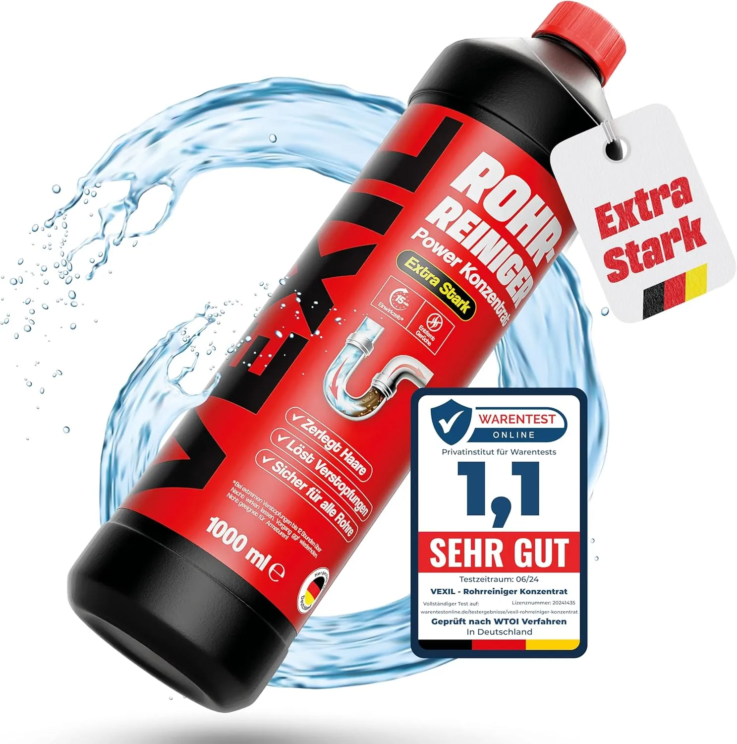 Bild von VEXIL Profi Rohrreiniger 1L Konzentrat für hartnäckige Verstopfungen, biologisch abbaubar, Made in Germany
