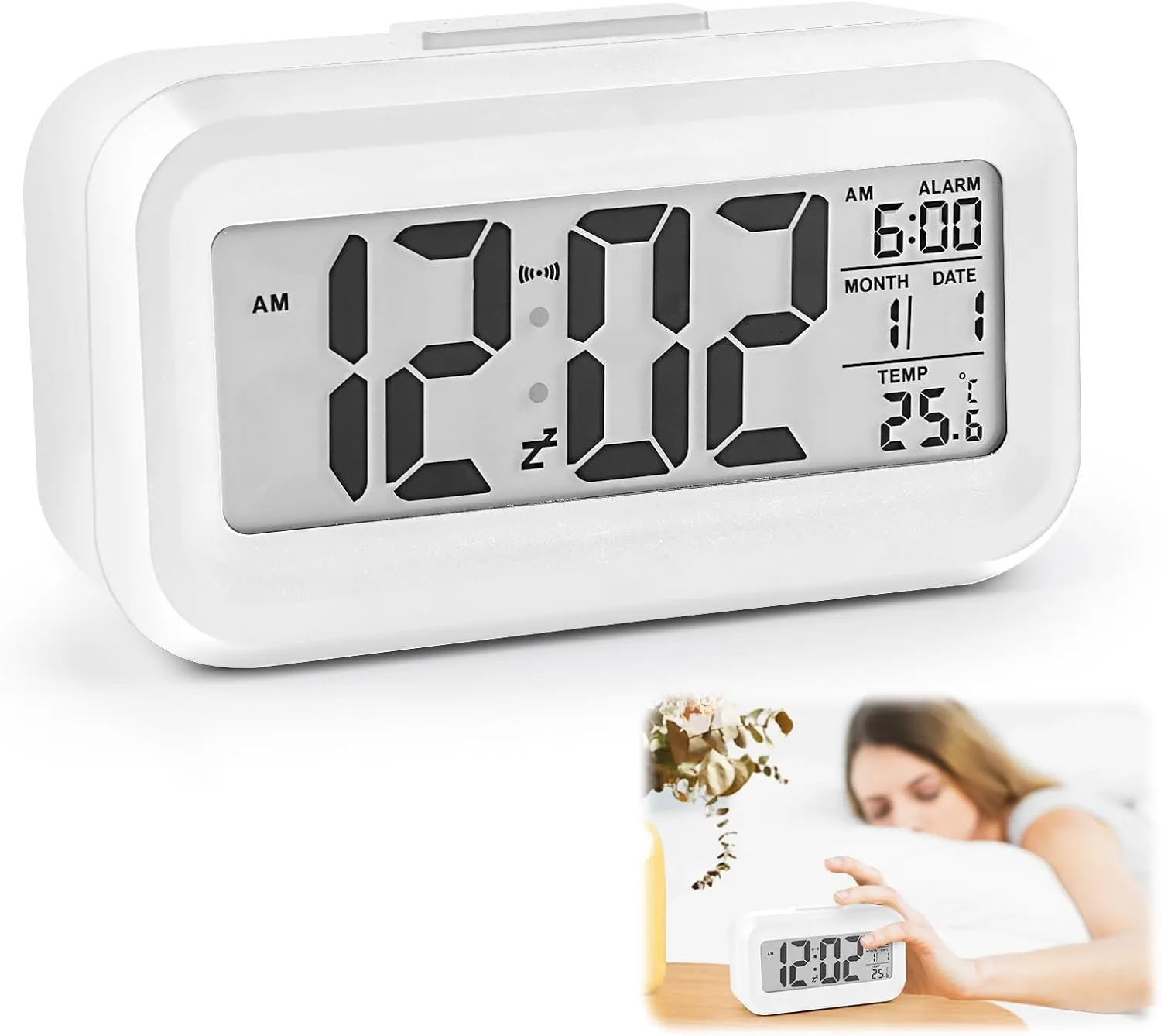 Bild von VFANDV Digitaler Wecker mit großer LED Anzeige, batteriebetrieben, mit Temperatur und Schlummerfunktion, ideal für das Home Office, in Weiß