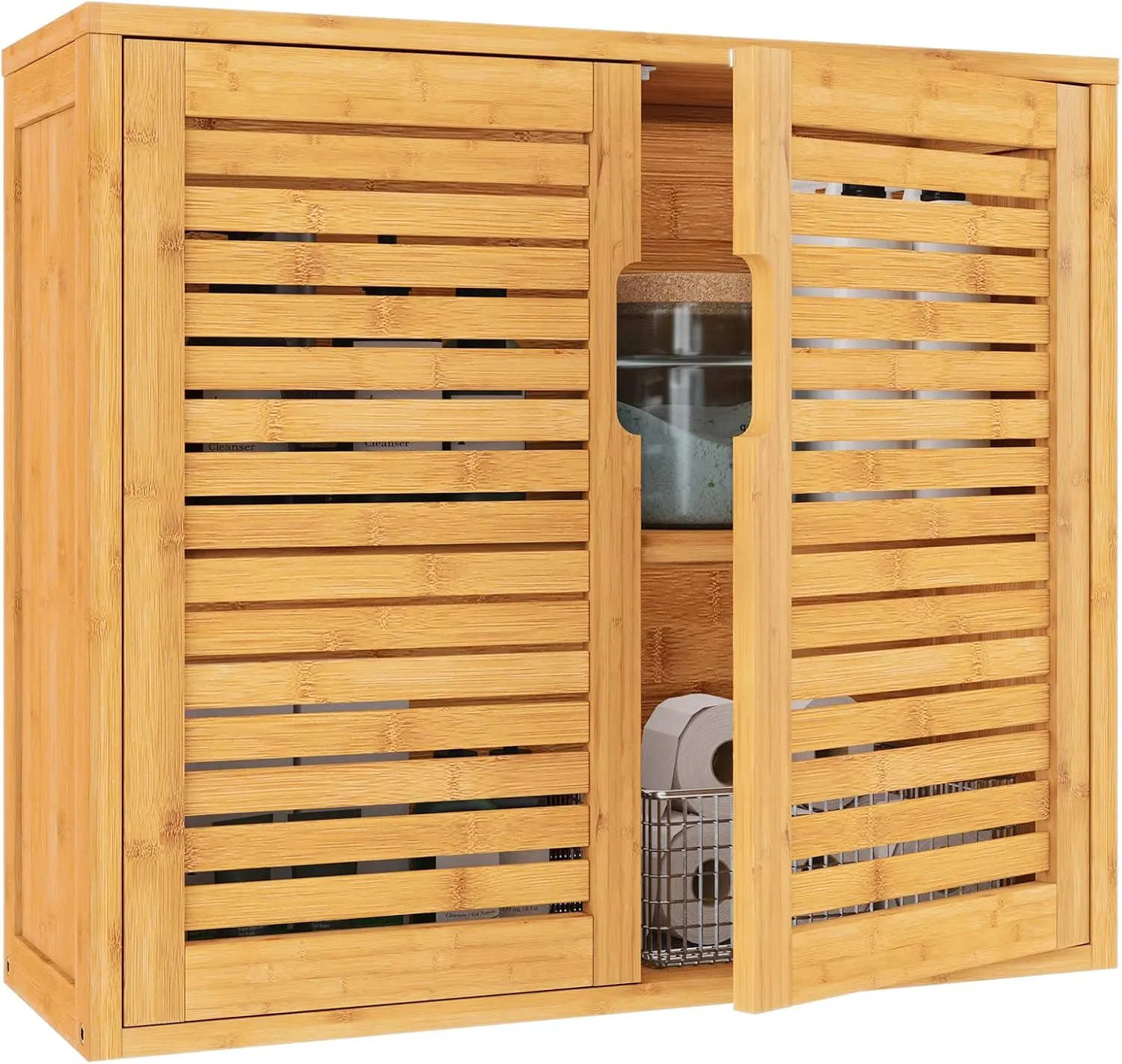 Bild von VIAGDO Hängeschrank aus Bambus mit höhenverstellbarem Regal, 20.7 x 59 x 51 cm