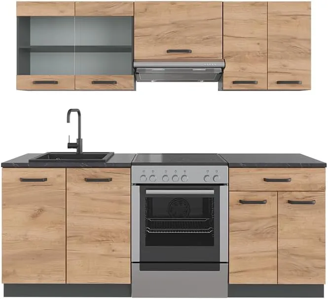 Bild von Vicco R-Line Küchenzeile in Goldkraft Eiche und Anthrazit, 200 cm ohne Arbeitsplatte