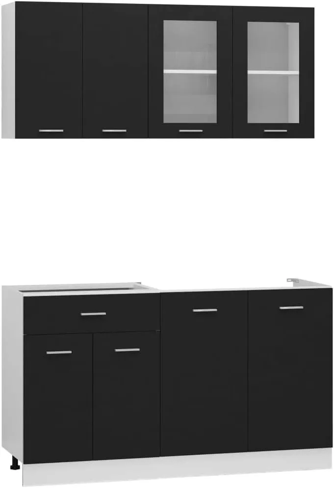 Bild von vidaXL Küchenzeile 4-teilig in Schwarz aus Holzwerkstoff mit Hängeschrank, Spülenunterschrank, Schubunterschrank und Hängeglasschrank