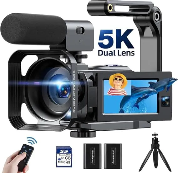 Bild von Videokamera mit 5K Auflösung, 56MP, Doppelobjektiv, WiFi, 16-fachem Digitalzoom und 3 Zoll Touchscreen, inklusive 2 Akkus, 64GB Speicherkarte, Mikrofon und Fernbedienung