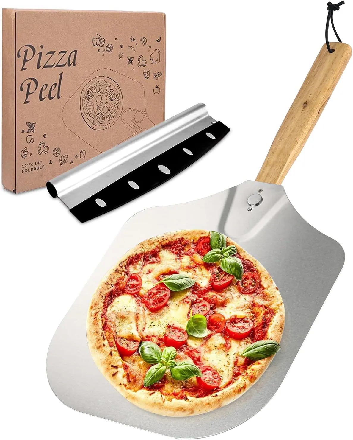 Bild von Viesap XL Pizzastein Set mit Aluminium Pizzaschieber und klappbarem Holzgriff